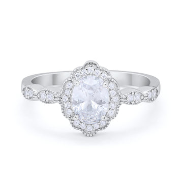 Halo Art Deco Oval Engagement Bridal Ring Simulated Round CZ 925 Sterling Silver